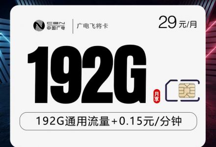 广电飞将卡月租29 元/月,含192G 全国通用流量(30G 基础 + 162G 赠包)-绿港通信号卡营业厅